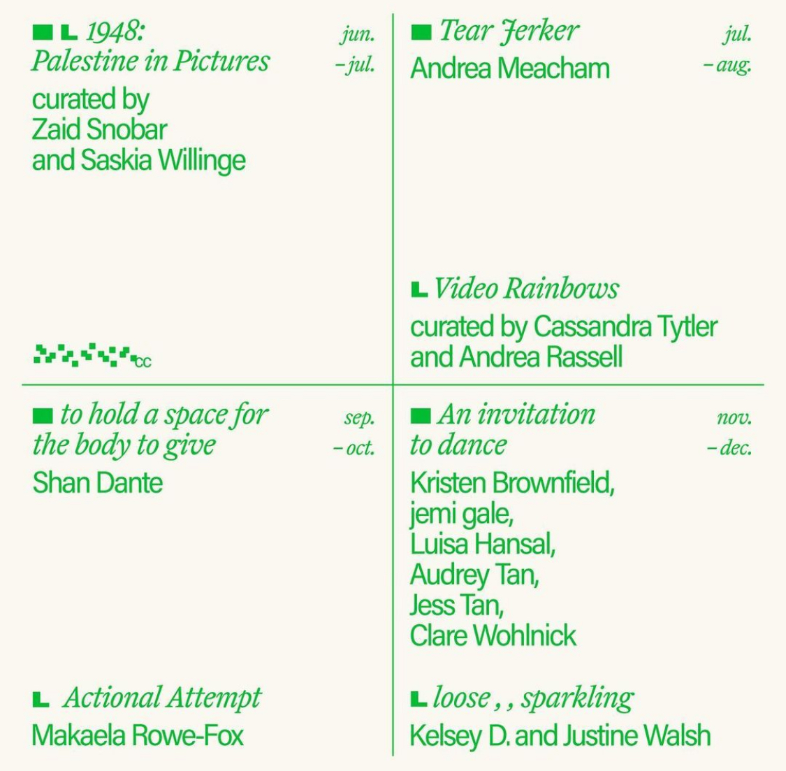 Image is divided into 4 quadrants with a green line. Each quadrant contains text details of upcoming events at Cool Change and PS Art Space. There are no pictorial elements.